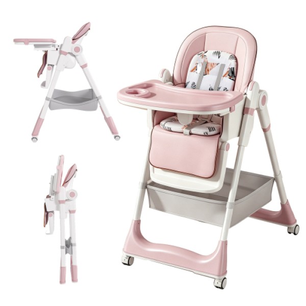 6M-3Y Convertible Baby High Chair Rocker, Foldable, 5-Point Harness, Removable 2-Tier FDA Tray, Silent Lock Wheels